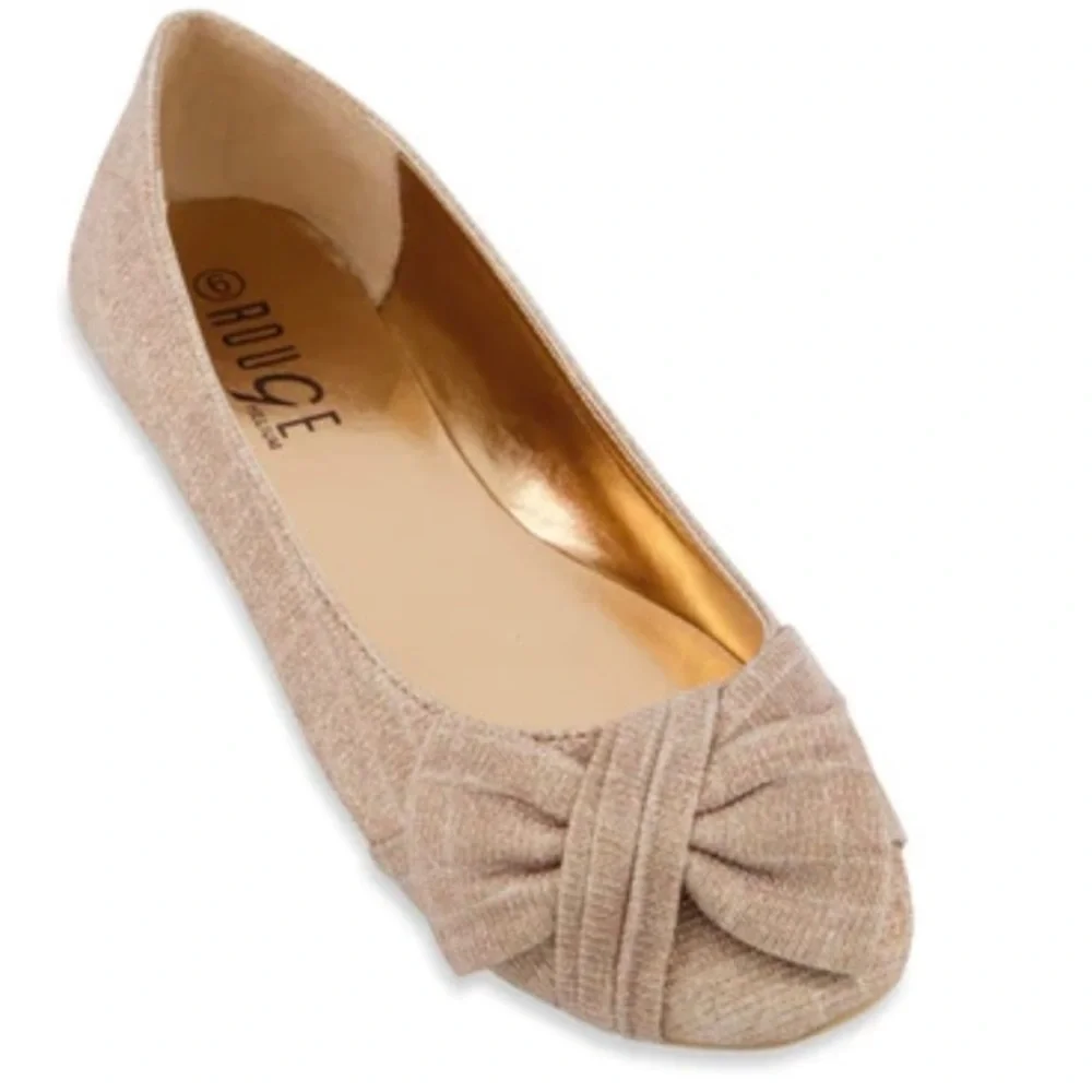 Bow Detail Round Toe Flats Rose Gold